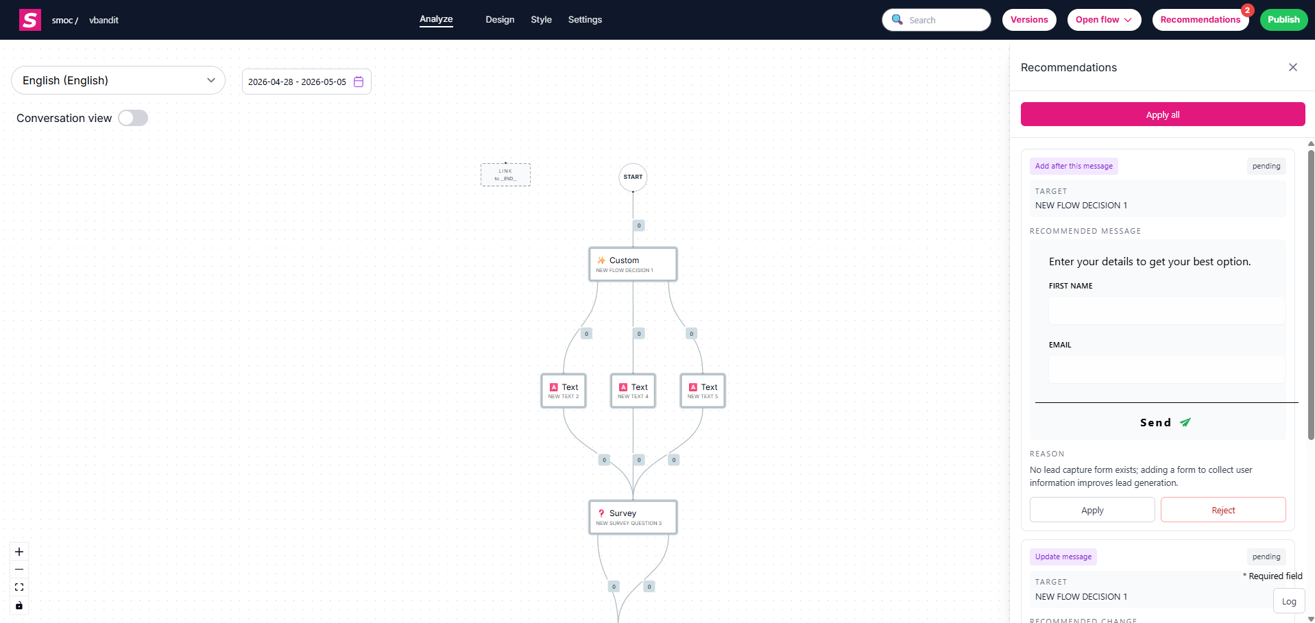Using Studio Recommendations: apply, reject, log, and apply-as-variant