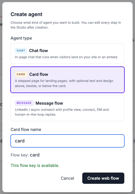Create agent, with Card flow selected.