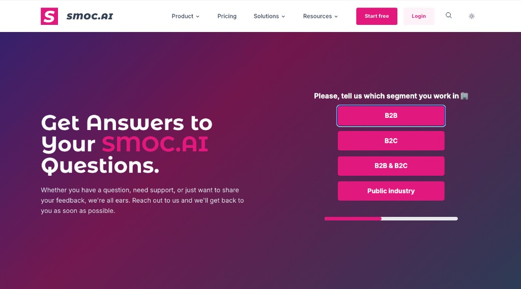 The next step on the SMOC contact page, asking which segment you work in.