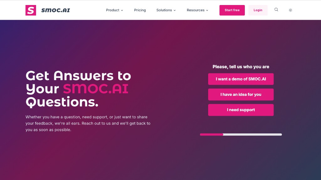 SMOC contact page with a card flow beside the offer