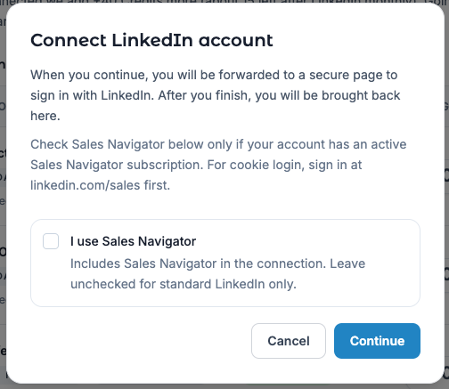 Connect LinkedIn sender modal