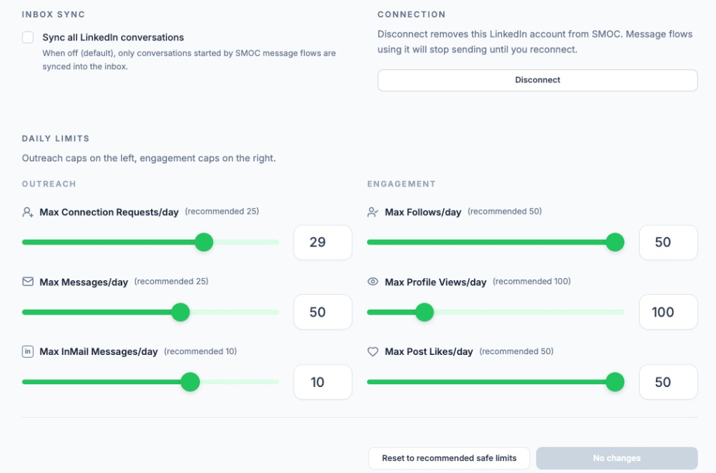 LinkedIn account daily limits, inbox sync, and disconnect