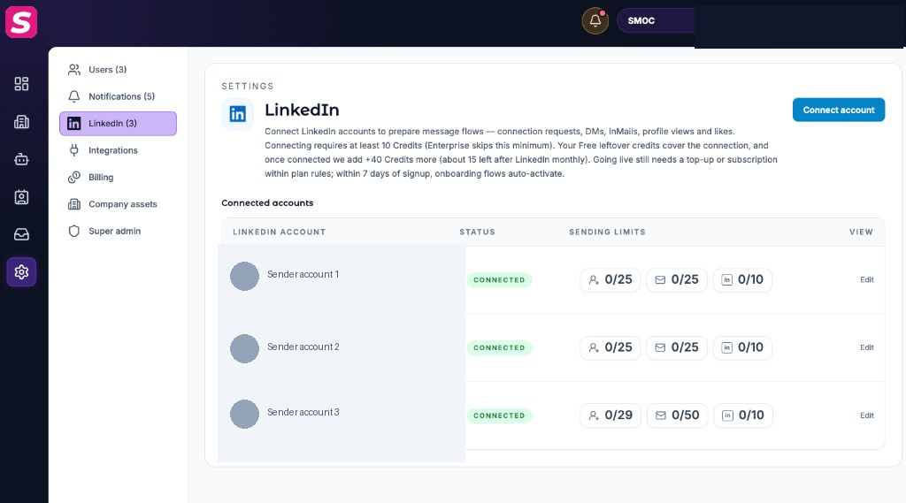 Settings → LinkedIn with Connect account and connected senders